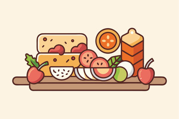 Cartoon food stack showcases watermelon, cheese, orange slice, milk, and two apples together