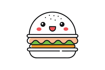 Cute cartoon burger with smiling face and rosy cheeks shows simple lines
