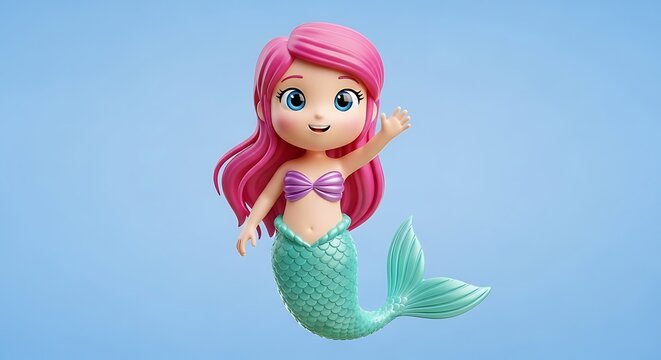 A cute 3D rendered cartoon mermaid with vibrant pink hair and a turquoise tail waving on a light blue background. - Powered by Adobe