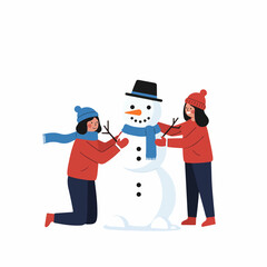 Flat Style Winter Snowman Building Scene with Two People Illustration