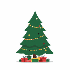 Minimalist Flat Christmas Tree with Gift Illustration on White Background
