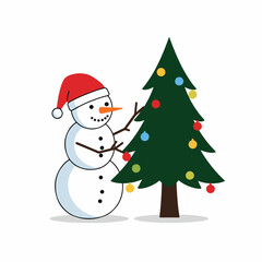 Flat Cute Snowman Decorating Christmas Tree Holiday Season Celebration Illustration