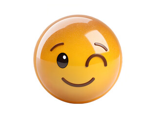 Fototapeta premium A single yellow winking emoji with a closed eye and a smile on a white background in a studio shot