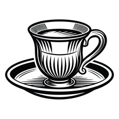 Stylized black and white depicts a filled tea cup on a saucer