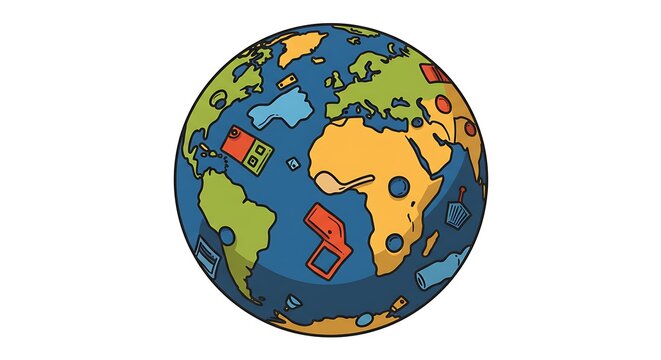 Globe with Scattered Items Illustrating Consumption and Waste