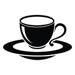 Isolated teacup silhouette resting gracefully upon the matching saucer in simple black artwork
