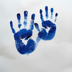 two bright blue handprints on a white background. The spreading ink texture and gradation of color create a soft yet powerful impression