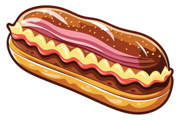 Tasty cartoon hotdog filled with bacon, sauce, and cheese over a white background