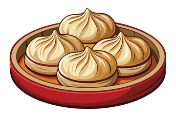 Steaming dumplings are arranged inside of a red wooden basket, ready to eat