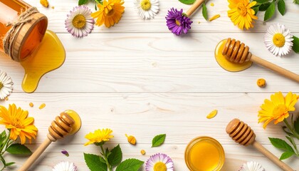 Wooden light table, spilled honey, jars, wooden honey spoons and flowers, all scattered, top view.