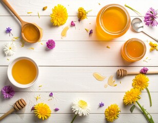 Wooden light table, spilled honey, jars, wooden honey spoons and flowers, all scattered, top view.