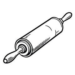 Isolated monochrome sketch showing a wooden rolling pin on a simple white backdrop