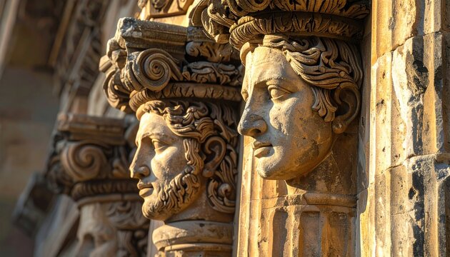 Ancient Stone Architectural Columns Feature Detailed Carved Faces of Men in Sunlight with Ornate Details and Swirling Motifs - Powered by Adobe