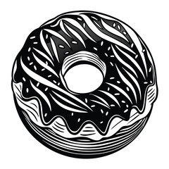 Stylized black and white doughnut illustration features glossy icing, sprinkles, and a striped bottom