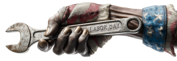 Extreme close-up of a mechanic hand holding chrome wrench with engraved “Labor Day” text. Isolated on white or transparent background. Png. USA flag sleeve. Generative Ai.