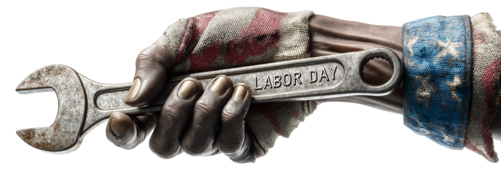 Extreme close-up of a mechanic hand holding chrome wrench with engraved “Labor Day” text. Isolated on white or transparent background. Png. USA flag sleeve. Generative Ai.