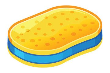 Isometric dish sponge featuring yellow porous texture and blue scrub strip presents a simple vector