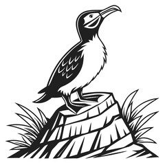 razorbill stands on rugged stump amid stylized grass blades in stark black and white