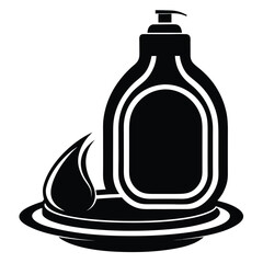 Stylized black liquid soap bottle is placed on a round dish with liquid