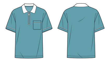 Half Zip Polo Shirt with pocket technical fashion illustration. Blue green T-Shirt fashion flat technical drawing template, collar, relaxed fit, front, back view, women, men, unisex Top CAD mockup.