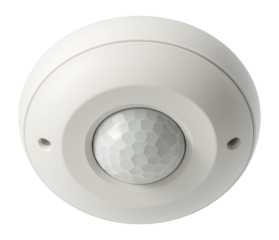 Low-profile ceiling motion sensor for office use, featuring a sleek circular design.