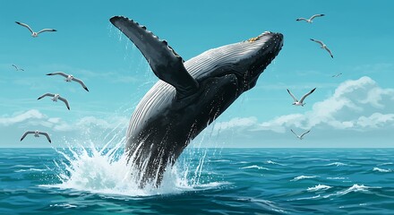 Whale Breaching Water with Birds Flying in Blue Sky