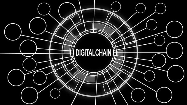 Animated digital chain network illustration with lines and connected circles on black background