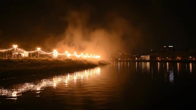 Illuminated Riverbank at Night Depicting the Spiritual Atmosphere of the Maha Kumbh Mela Festival Celebration
