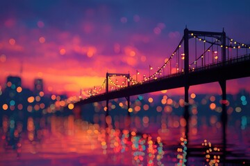 Dramatic sunset colors over Manhattan bridge at twilight, New York City with colorful sky reflecting on the water