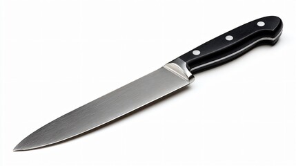A silver kitchen knife with black handle isolated on white background