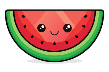 A cartoon watermelon slice smiles with big round eyes and a happy little face