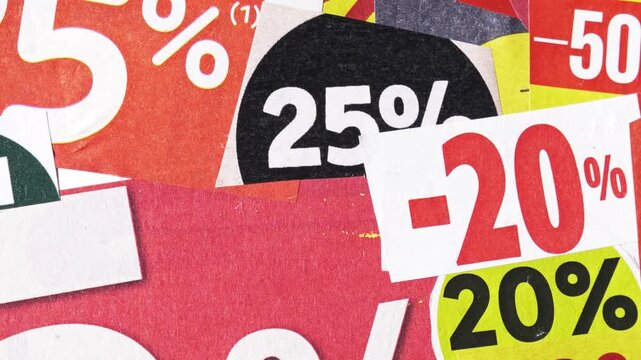 Colorful collage of discount percentages and price numerals in a smooth three point tracking move