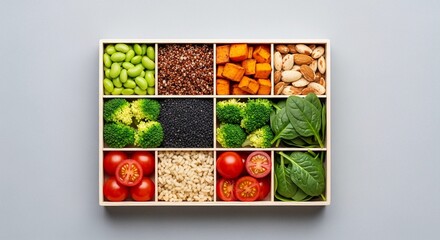 A bento box filled with colorful ingredients including broccoli, tomatoes, edamame, quinoa, and nuts. The meal prep emphasizes portion control and healthy eating.