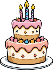 Cartoon Pink Birthday Cake with Colorful Candles and Frosting – Cute Two-Tier Vector Illustration