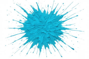 Blue paint explosion creating abstract splash with vibrant spreading drops, isolated art burst on transparent background