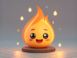 A cartoon flame character with a happy expression sitting on a wooden platform with floating lights