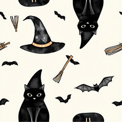 A minimalist, repeatable pattern of Halloween icons, including a witch's hat, broomsticks, black cats, and bats, drawn in simple black outlines on a white background.eps