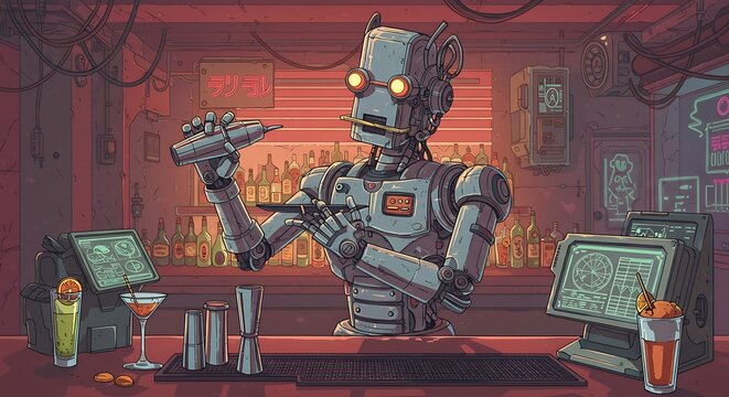 Robot Bartender Making Cocktail at Bar with Drinks and Monitors