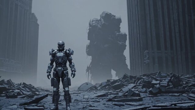 Soldat robotique dans une ville en ruine face &agrave; un colosse m&eacute;canique