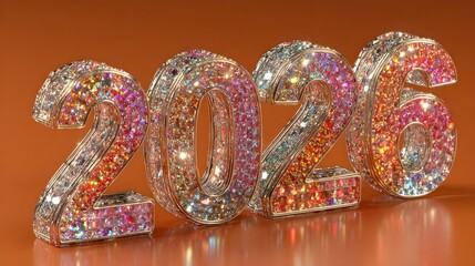 Sparkling neon 3D &ldquo;2026&rdquo; numbers in multicolor glow set against a rich orange background for a festive look