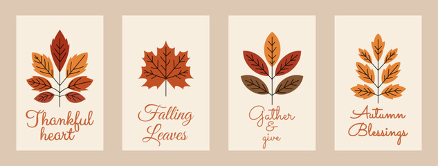 Autumn leaf illustration set with thankful quotes, fall foliage typography design, cozy seasonal greeting cards, Thanksgiving wall art printable 