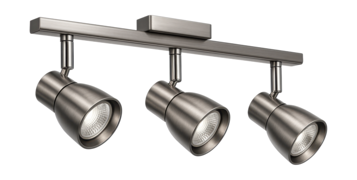 Adjustable three-head track light, ideal for highlighting features in modern living spaces.