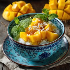 Delicious Bowl of Mango Sticky Rice with Fresh Mango Chunks and Coconut Topping, Perfectly Presented in a Vibrant Bowl with Mint Garnish