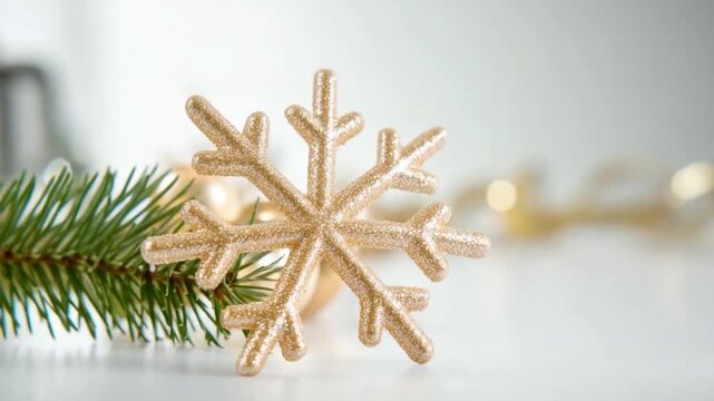 Golden Snowflake Ornament: A delicate, golden snowflake ornament rests beside a sprig of evergreen, bathed in soft light, evokes the magic of the holiday season.