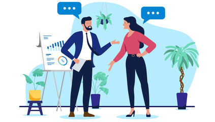 Business man and woman have an office conversation or discussion about a project displayed on a chart with speech bubbles in a flat design vector illustration