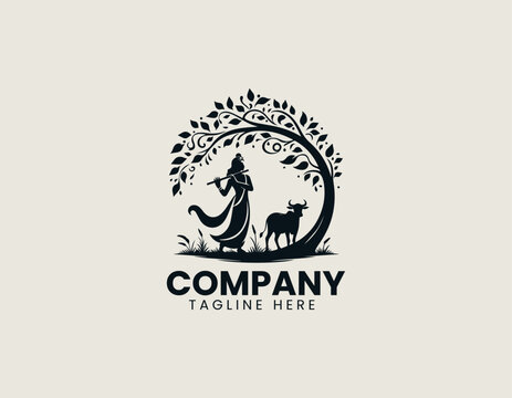 Stylized Hindu deity Krishna silhouette vector illustration playing flute under tree with cow. Religious art concept