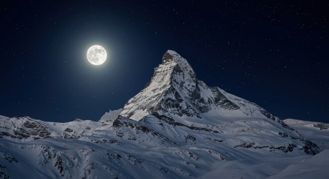 Snowy mountain peak under a bright full moon with stars in the dark blue night sky above it all