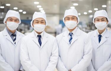 白衣とマスクを着用した4人の工場スタッフの集合写真