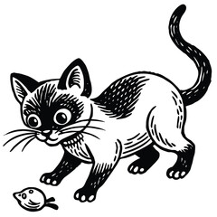 Obraz premium Funny black and white cat and mouse cartoon illustration vector drawing of a cute kitten pet animal