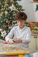Boy cutting Christmas cookies from dough